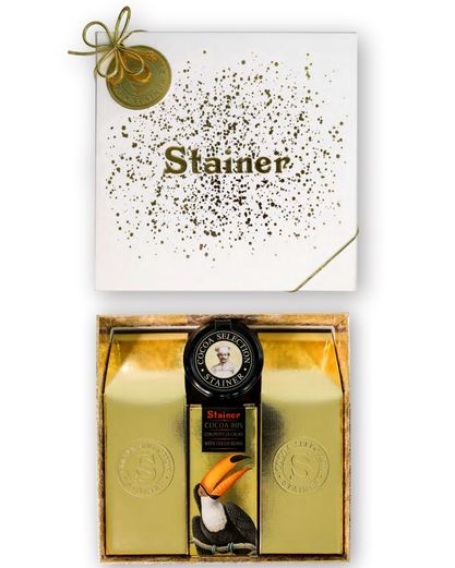 STAINER Zlato-biele darčekové balenie – Výber čokolád a bonbónov 455g